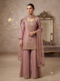 Sequin & Zari Embroidered Kurta with Palazzo Set in Mauve Pink