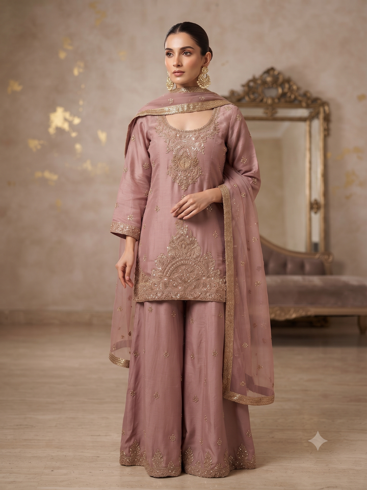 Sequin & Zari Embroidered Kurta with Palazzo Set in Mauve Pink