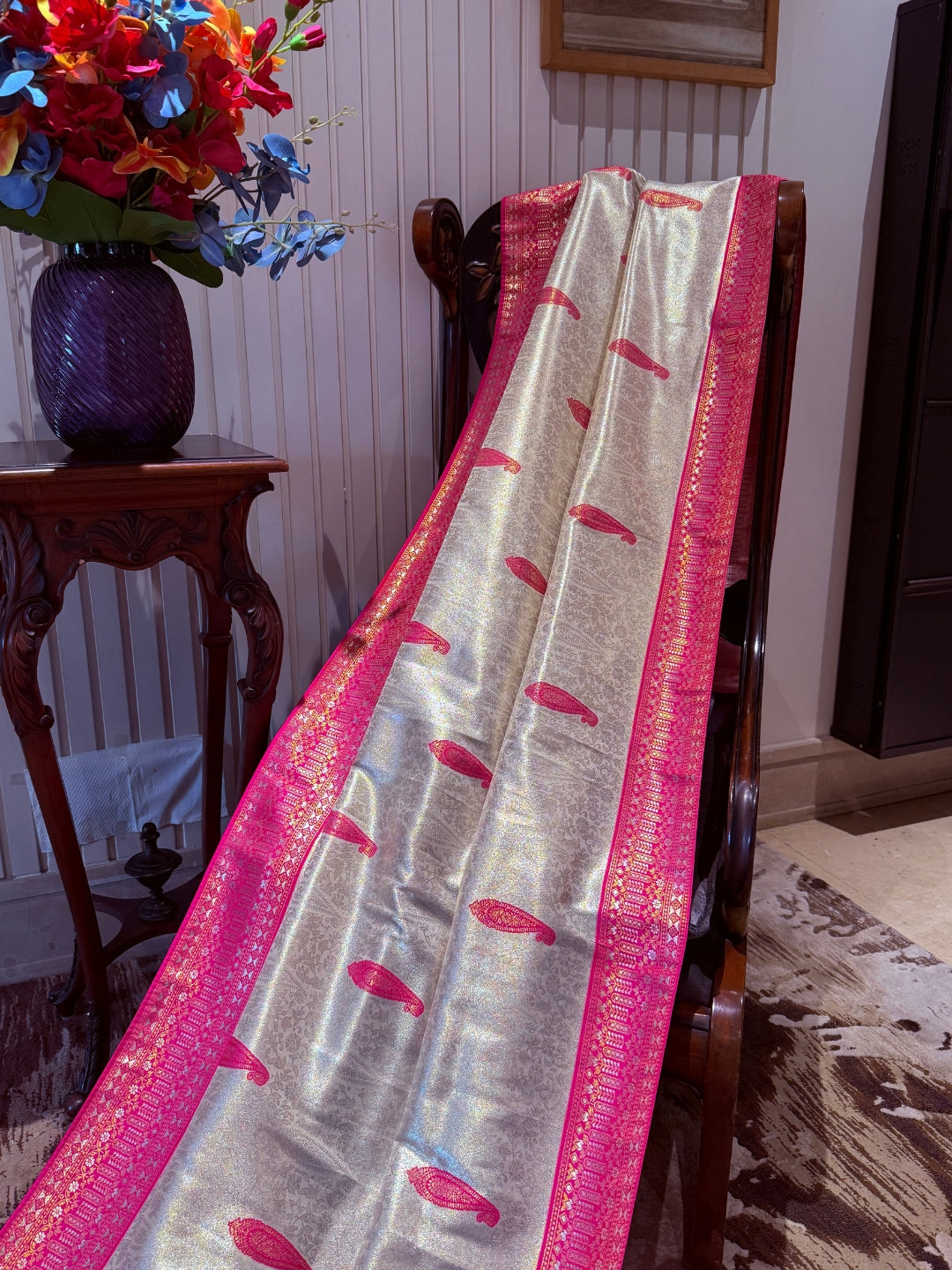 Banarasi Art Silk Saree with Paisley Motifs & Broad Woven Brocade Border