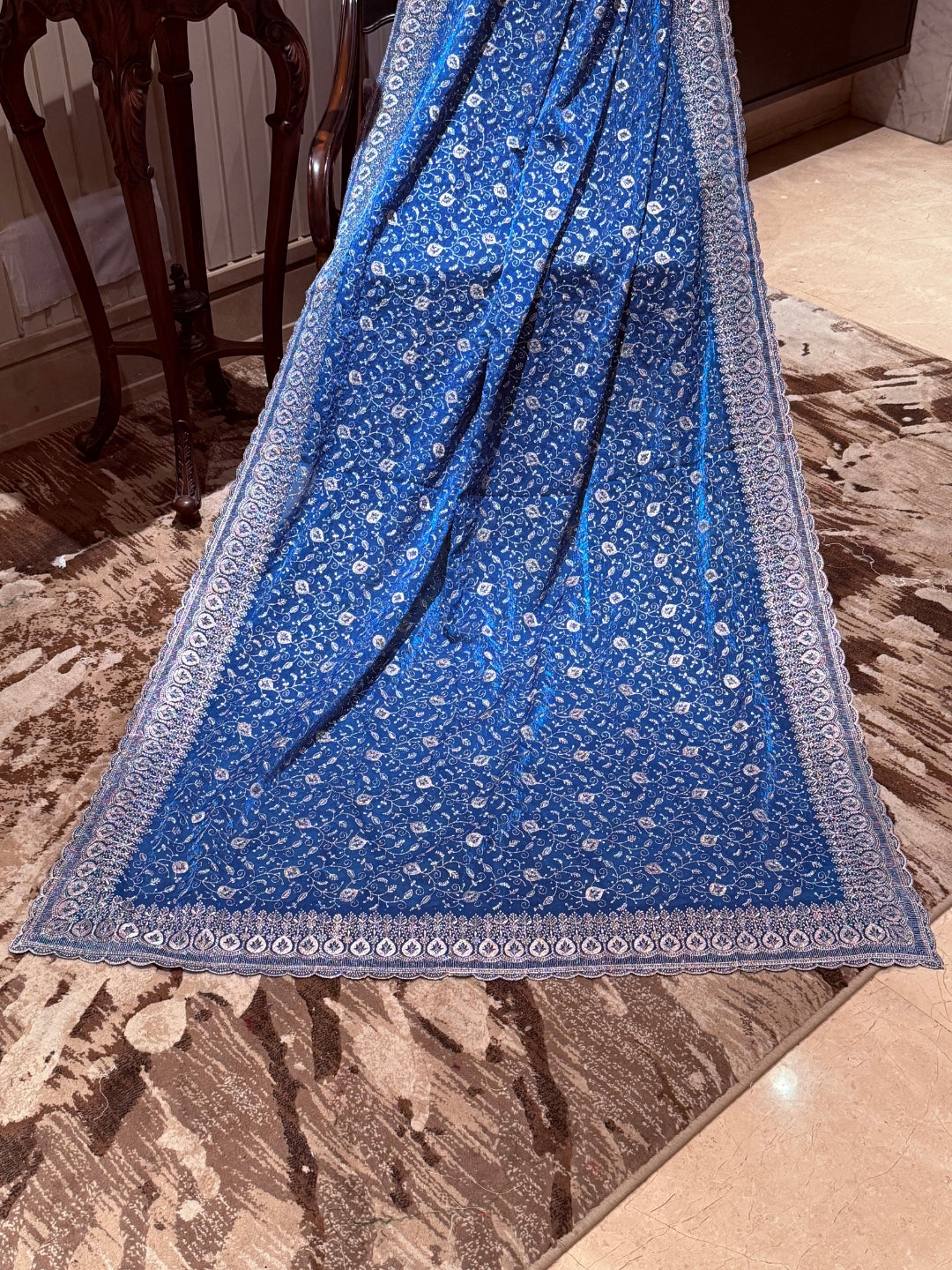Saree with Heavy Silver Zari Floral Embroidery & Ornate Broad Border