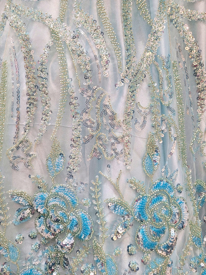 Sequins Embroidered Net Lehenga Set with Beaded Floral Work Unstitched Blouse & Dupatta