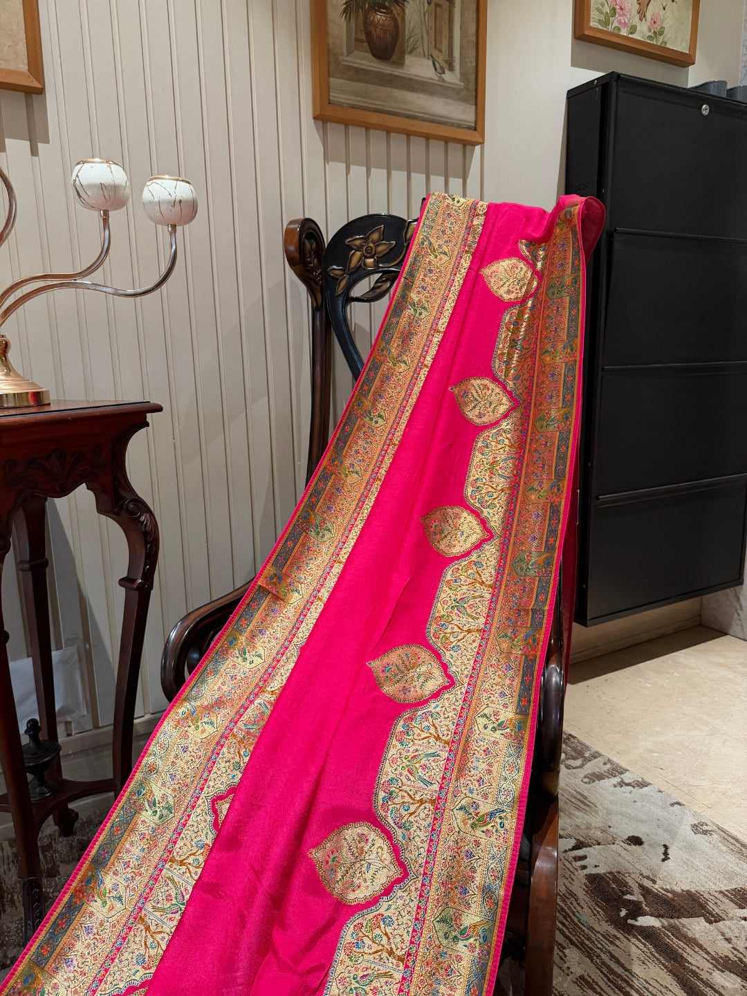 Rani Pink Kashmiri Woven Saree with Temple Buta Border and Rich Story Pallu