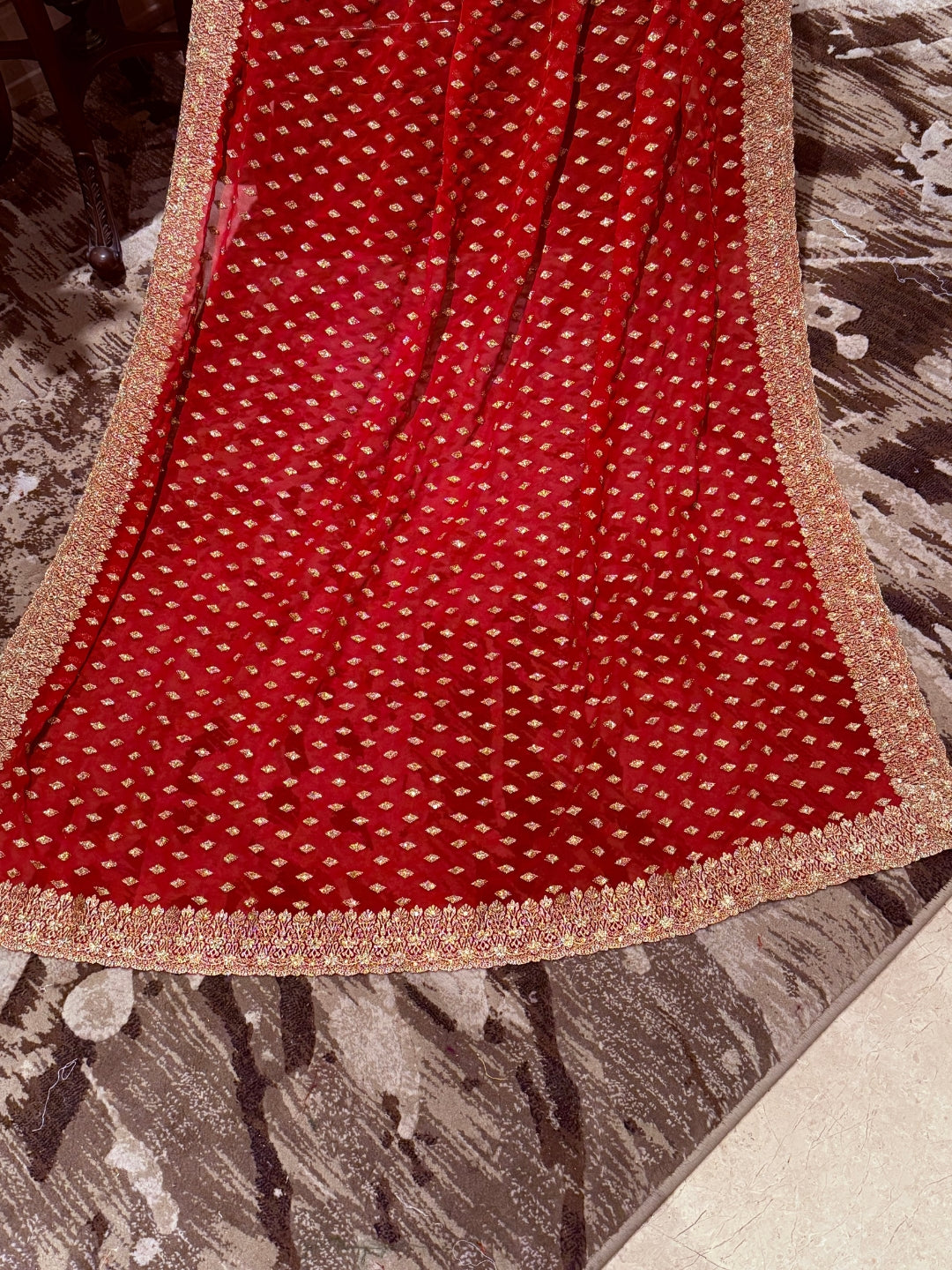 Georgette Saree with All-over Gold Butti Motifs & Grand Ornate Heavy Zari Border