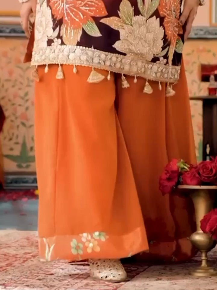 Floral Embroidered Kurta Palazzo Set with Sequin Net Dupatta