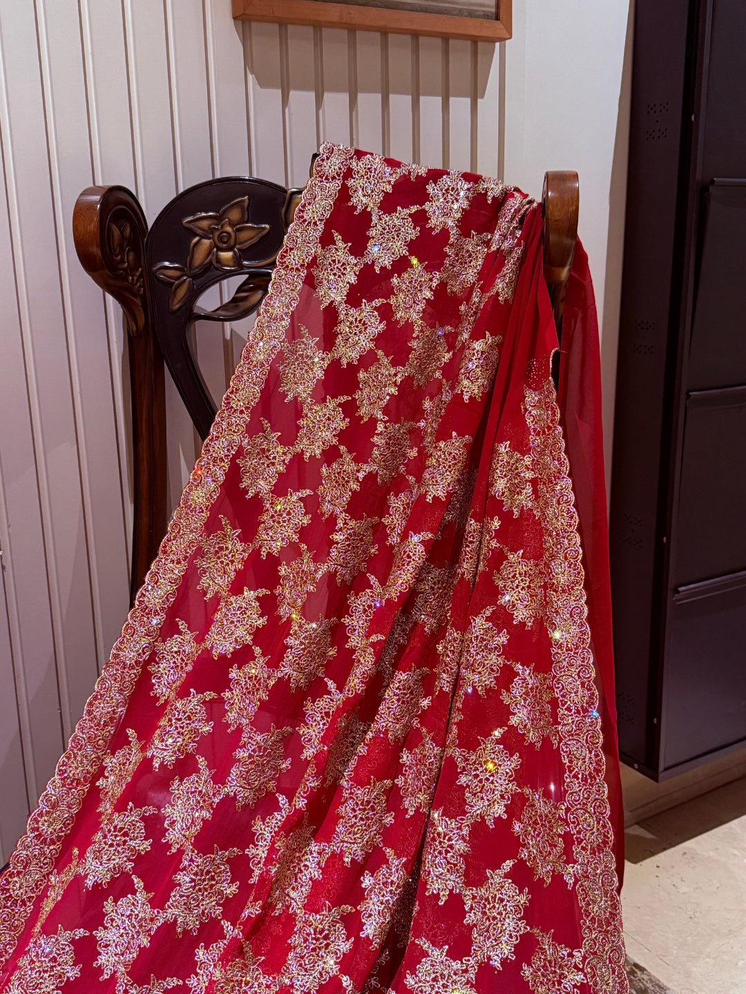Red Net Saree with Dense Gold Floral Zari, Sequin & Bead Embroidery, Scallop Border