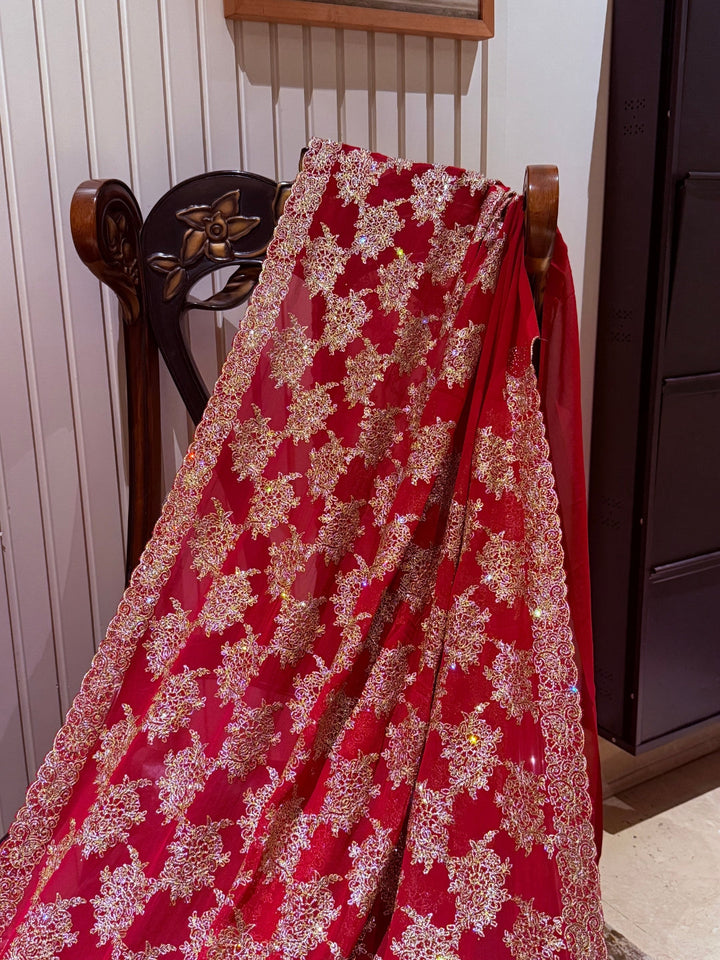 Red Net Saree with Dense Gold Floral Zari, Sequin & Bead Embroidery, Scallop Border
