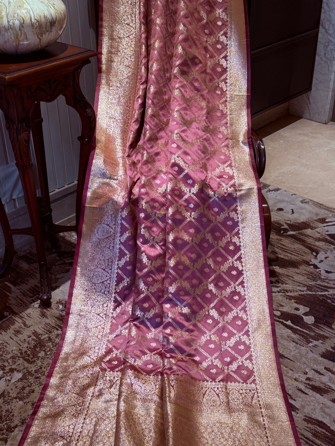 Magenta Pink Zari Woven Saree with Gold Floral Diamond Check & Banarasi Brocade Border
