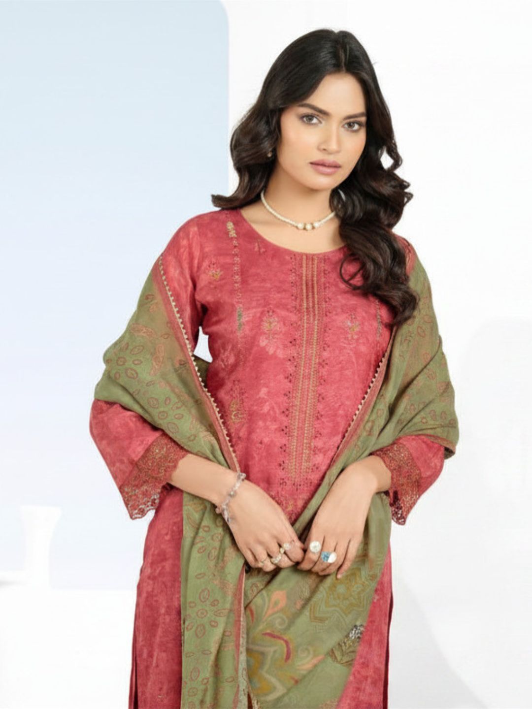 Cotton Printed & Embroidered Unstitched Suit Dupatta in Rose Pink & Sage Green