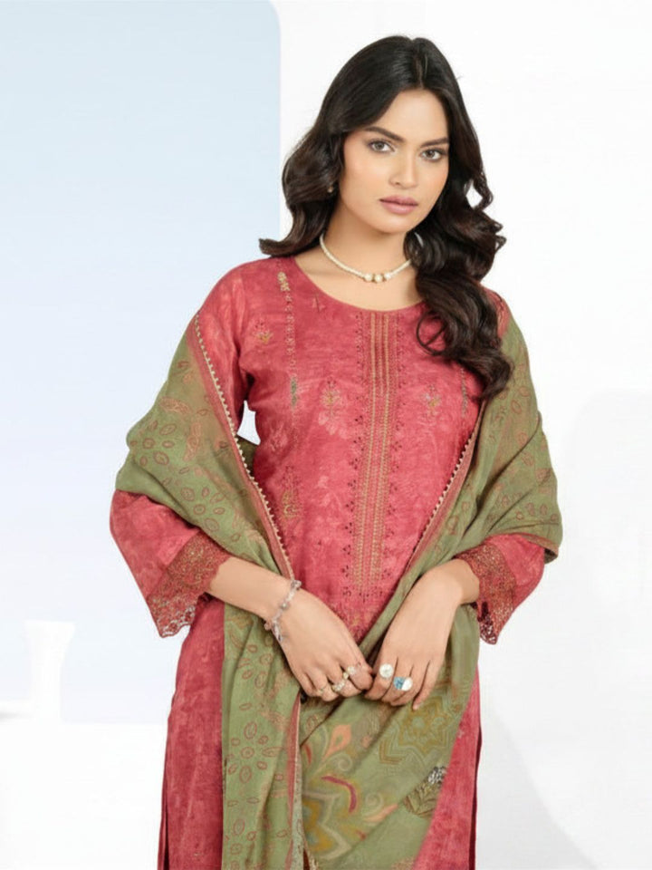 Cotton Printed & Embroidered Unstitched Suit Dupatta in Rose Pink & Sage Green