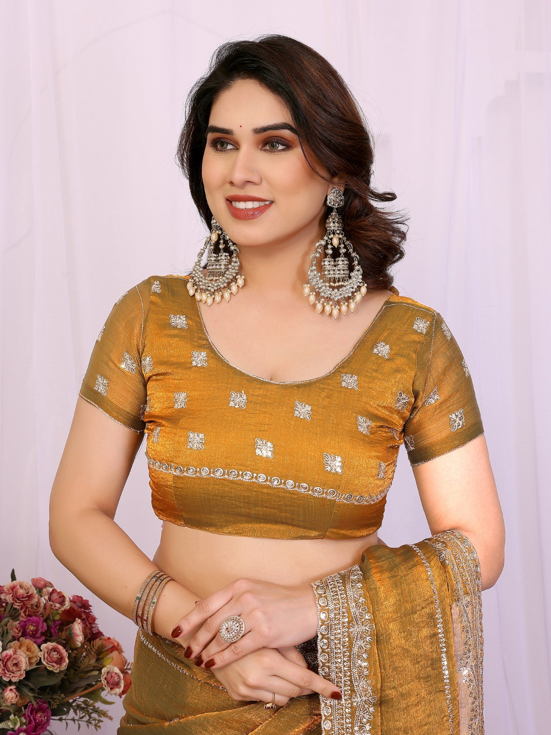 Shimmer Saree with Diagonal Sequin Lines & Heavy Stone Embroidered Border