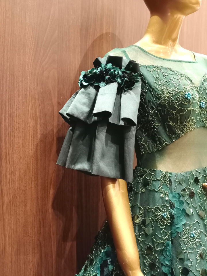 Green Cocktail Flared Sequence Gown with Stylised Ruffled Sleeves