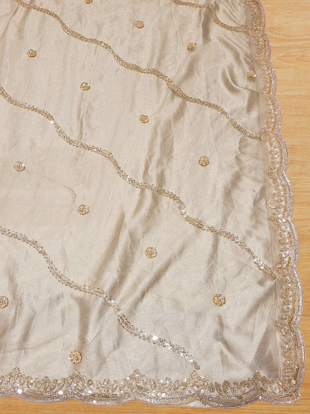 Golden Sequined Embroidered Net Lehenga with Floral and Zari Work