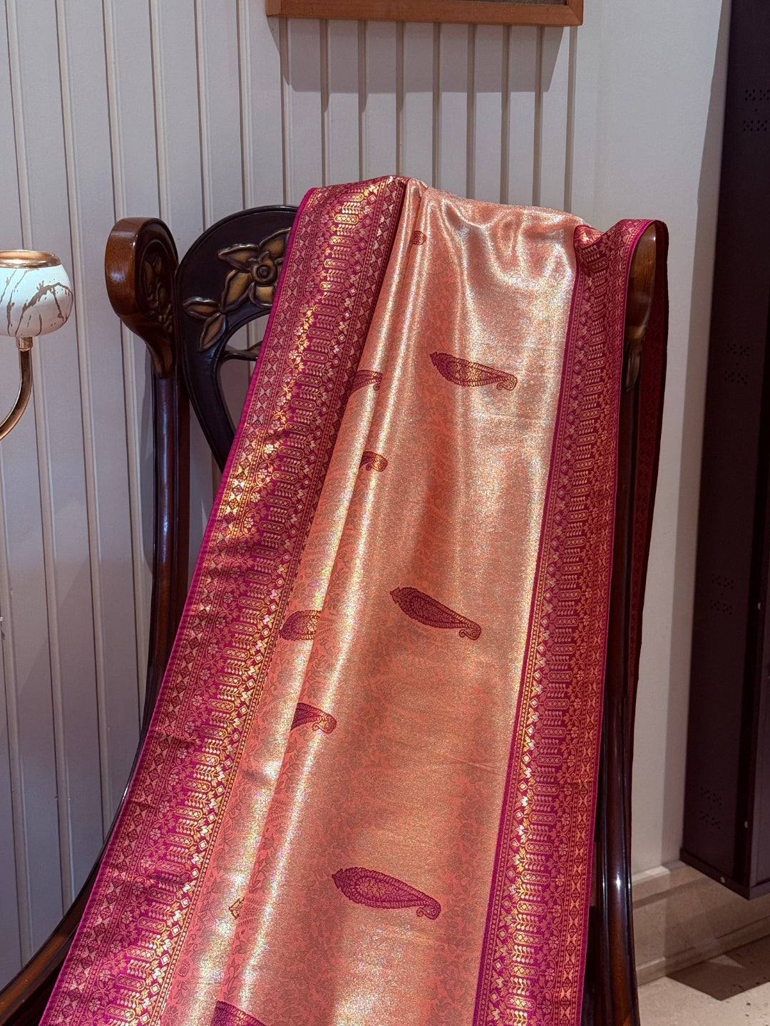 Rose Gold Banarasi Art Silk Saree with Magenta Zari Border & Paisley Butta, Tassel Pallu