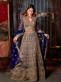 Stone Embellished Lehenga Choli Set in Navy Blue Gold