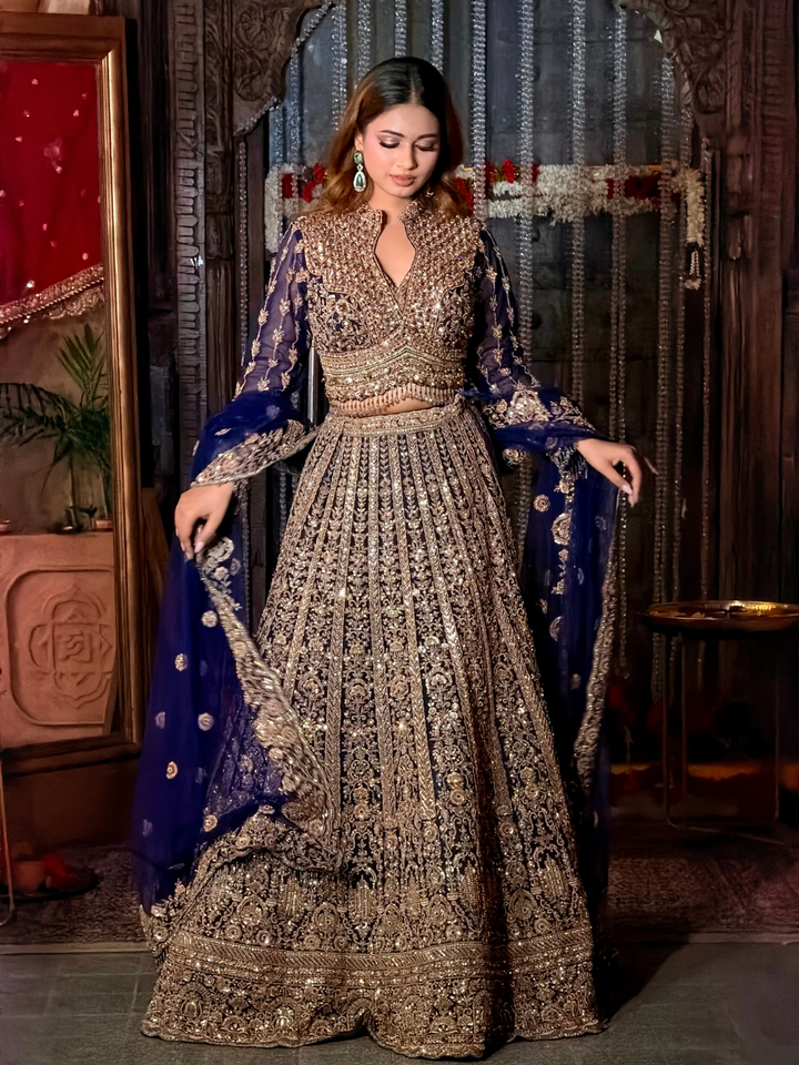 Stone Embellished Lehenga Choli Set in Navy Blue Gold