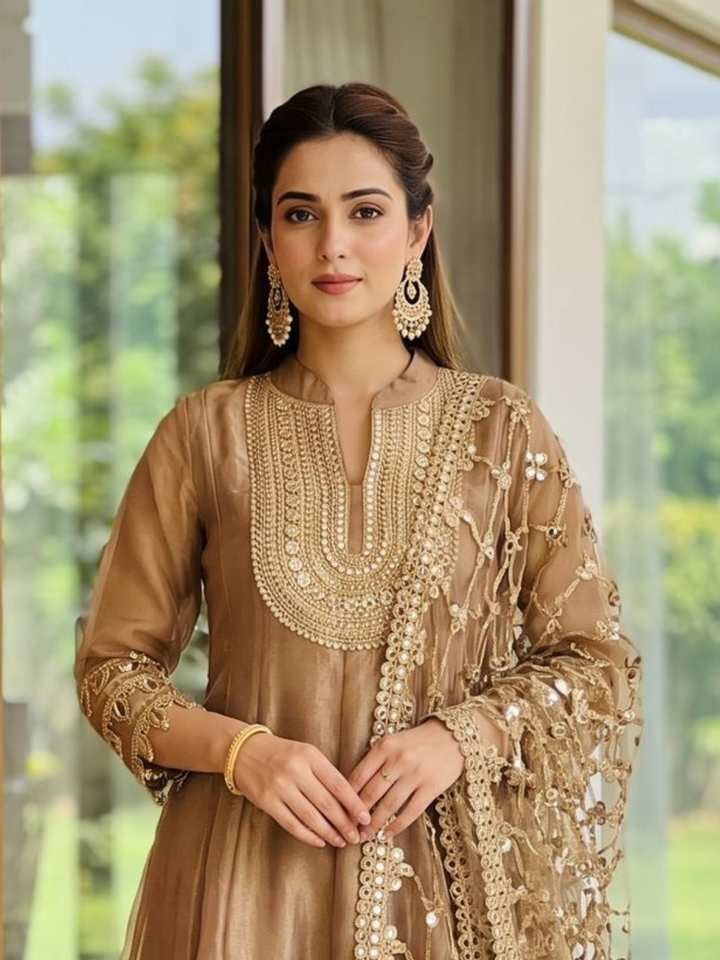 Mirror Embroidered Full Length Anarkali with Jaal Pattern Dupatta in Beige Gold