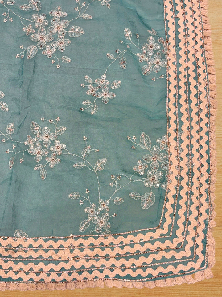 Silk-blend embroidered kurta set with mirror-work yoke & scallop lace dupatta.