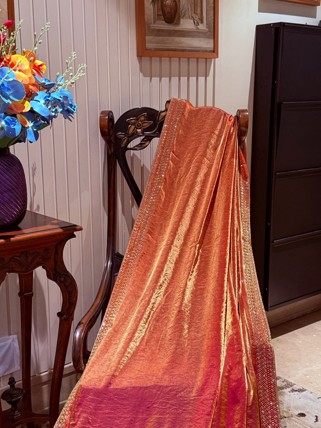 Shimmer Georgette Saree with Sequin Bead Strip Border, Dual Tone Finish