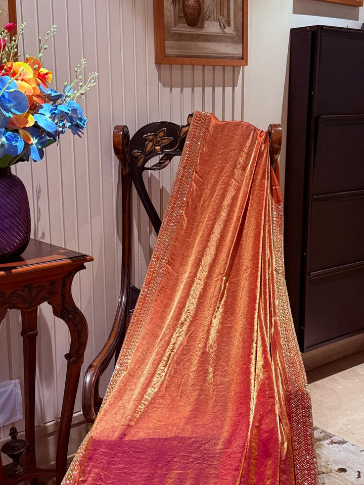 Shimmer Georgette Saree with Sequin Bead Strip Border, Dual Tone Finish