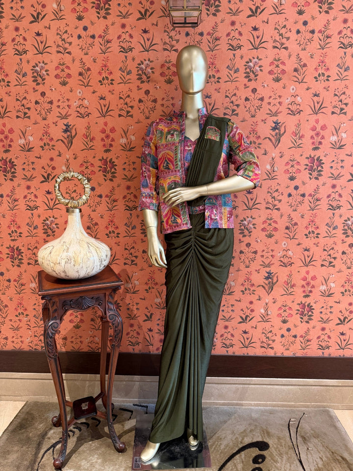 Olive Drape Saree with Multicolour Rajasthani Print Jacket, Pintucks and Gathered Pleats