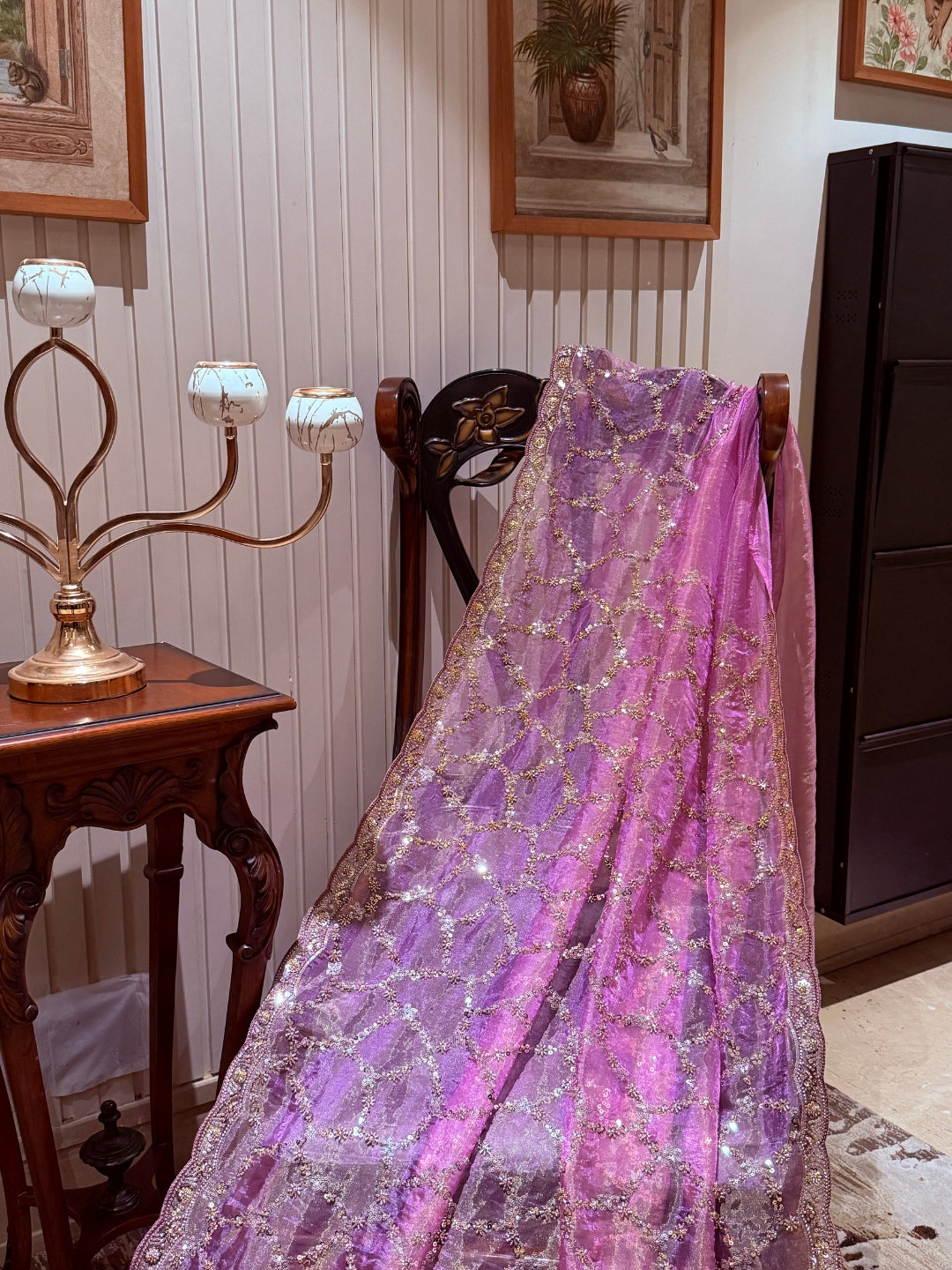Pink Shimmer Net Saree with Sequin & Mirror Geometric Trellis and Scalloped Embroidered Border