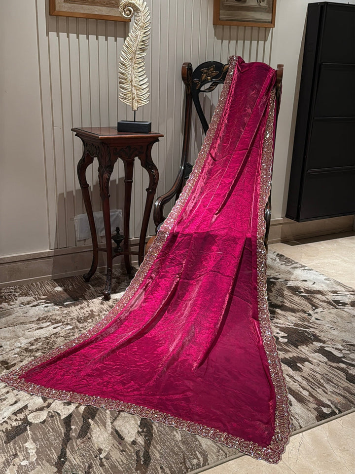 Magenta Shimmer Tissue Saree with Heavy Gold Sequin Circular Embroidered Scallop Border