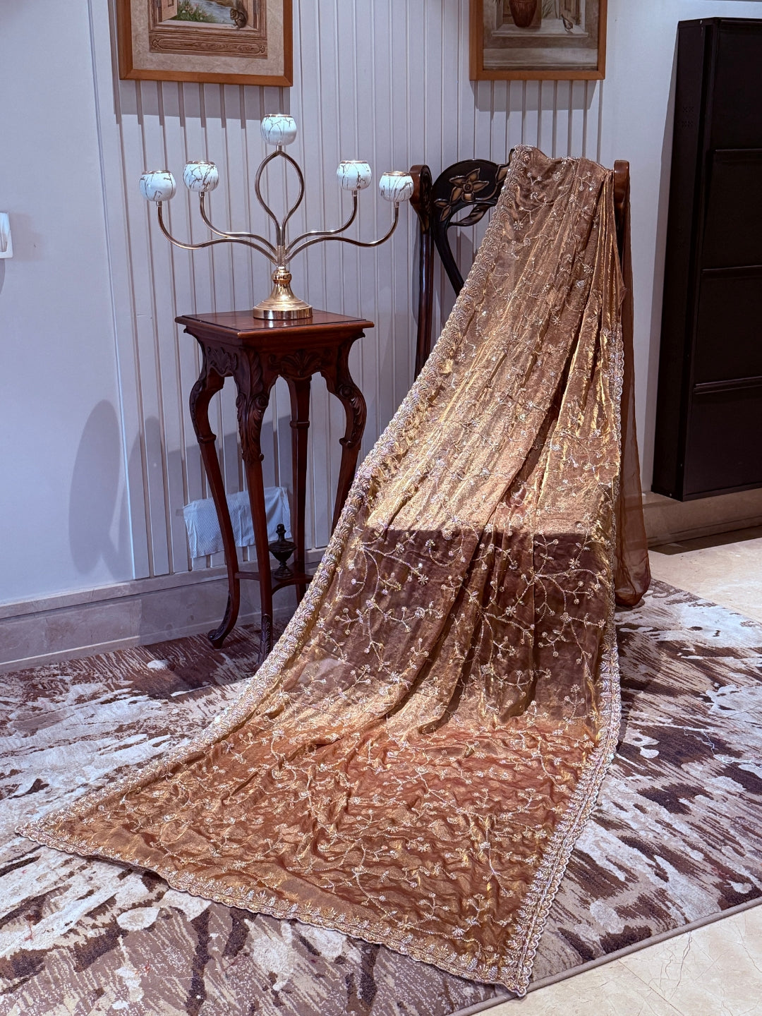 Tissue Saree with Hand-Embroidered Floral Sequins & Ornate Embellished Border