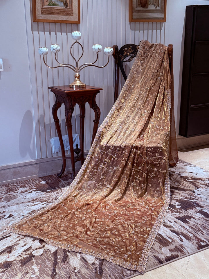 Tissue Saree with Hand-Embroidered Floral Sequins & Ornate Embellished Border