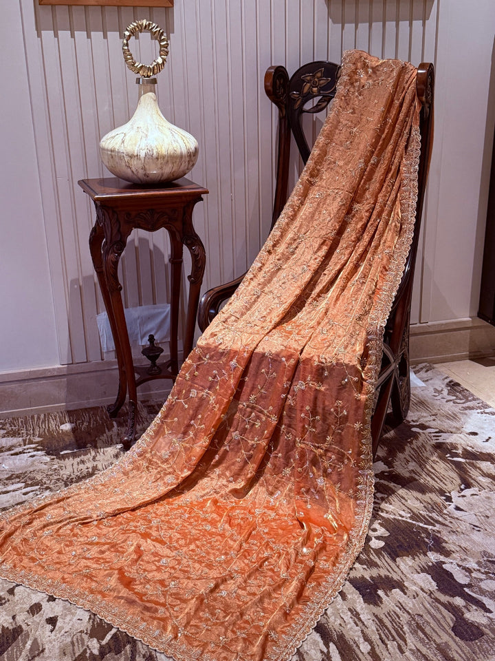 Net Saree with Hand-Embroidered Floral Sequin Vine & Scalloped Embellished Border