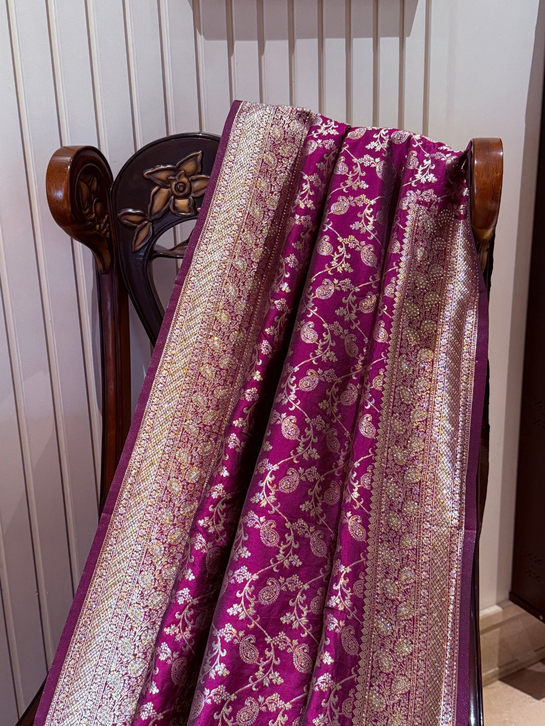 Banarasi Art Silk Saree with Antique Gold Floral Jali & Wide Brocade Border