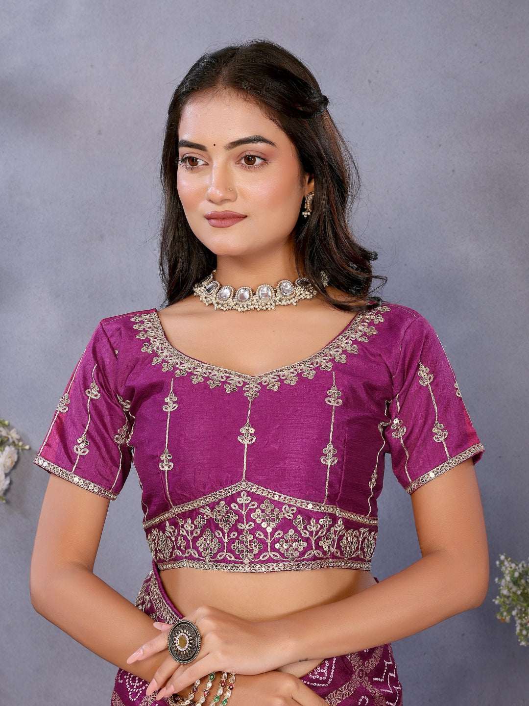 Bandhani Print Saree with All-Over Zari Checks and Embroidered Blouse
