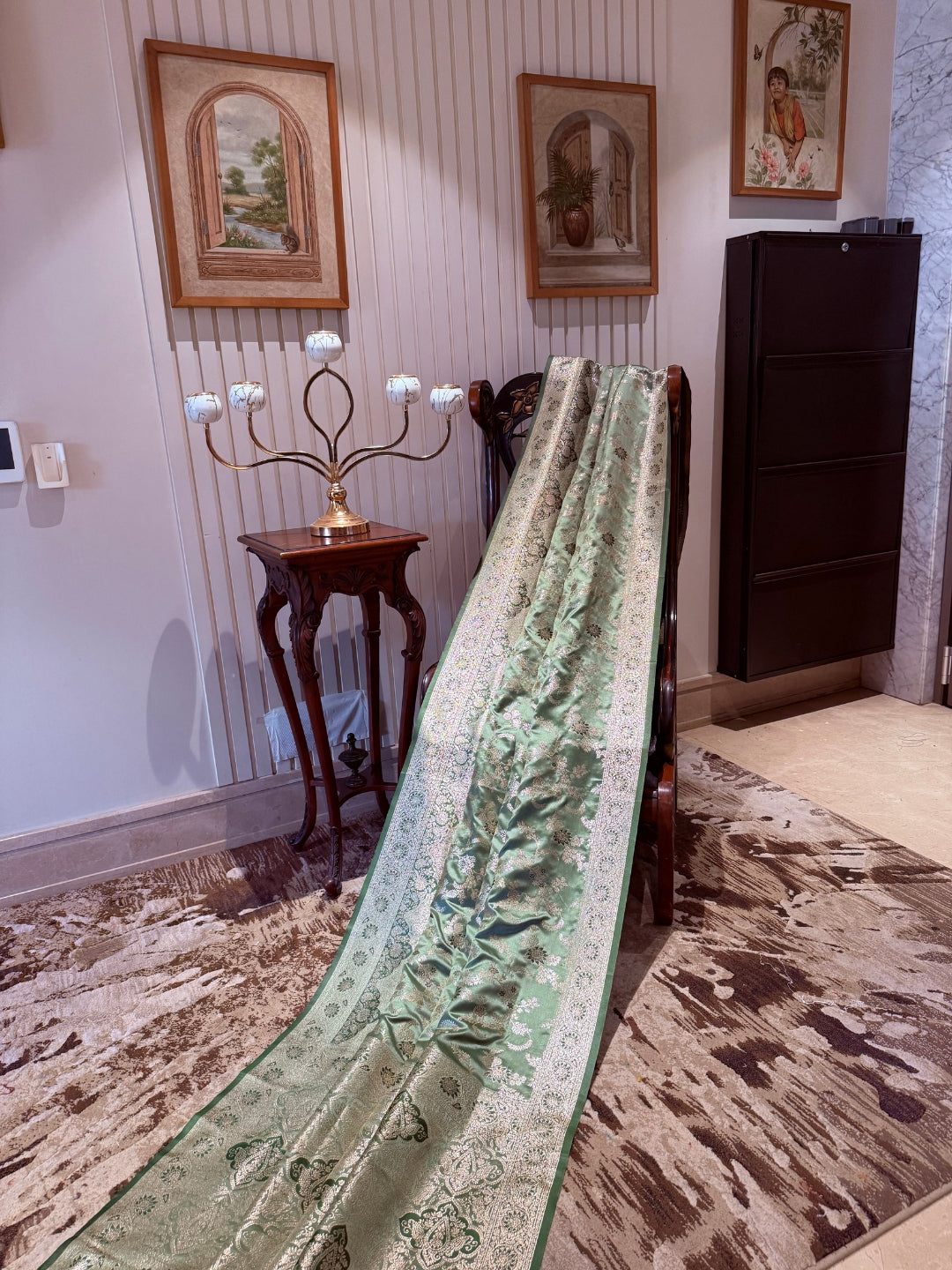 Sage Green Banarasi Art Silk Saree with Antique Gold Zari Floral Motifs & Brocade Border