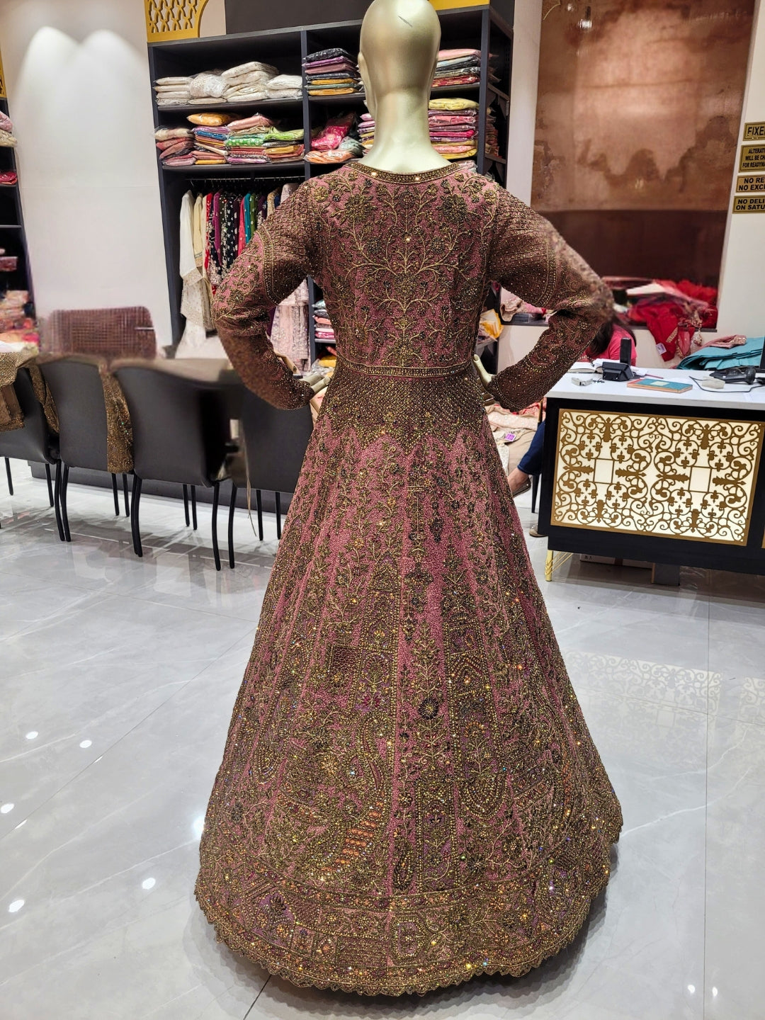 Rosewood Pink Embroidered Anarkali Gown with Heavy Zari Work & Dupatta