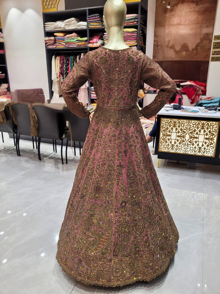Rosewood Pink Embroidered Anarkali Gown with Heavy Zari Work & Dupatta