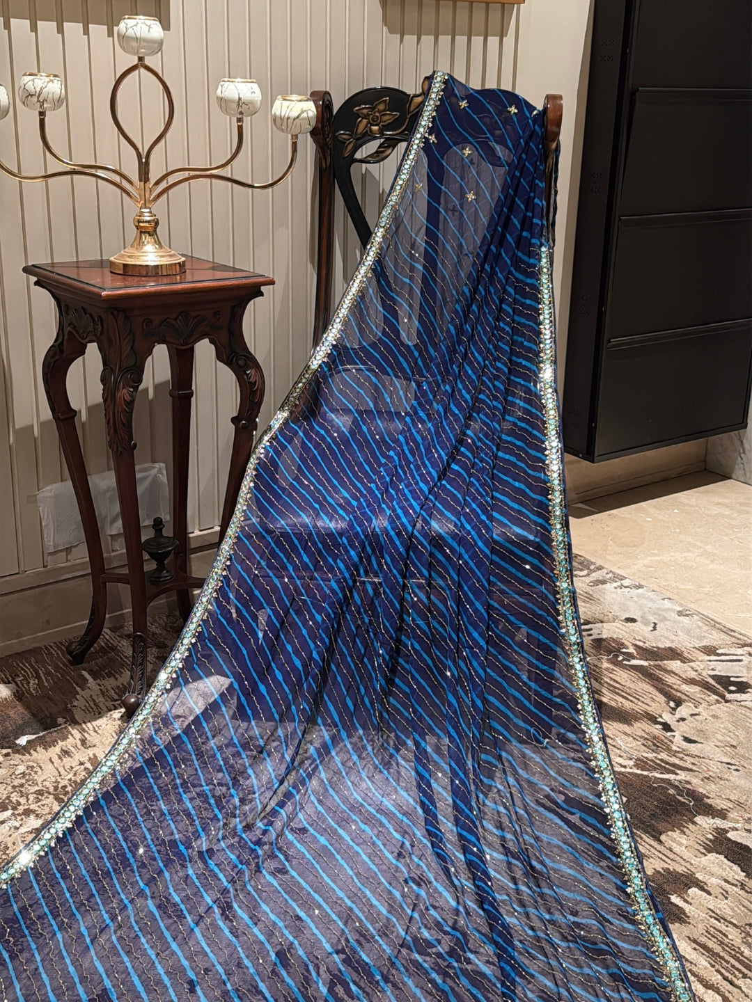 Navy Blue Saree with Turquoise Stripes, Silver Sequins & All-Over Mirror Work Border