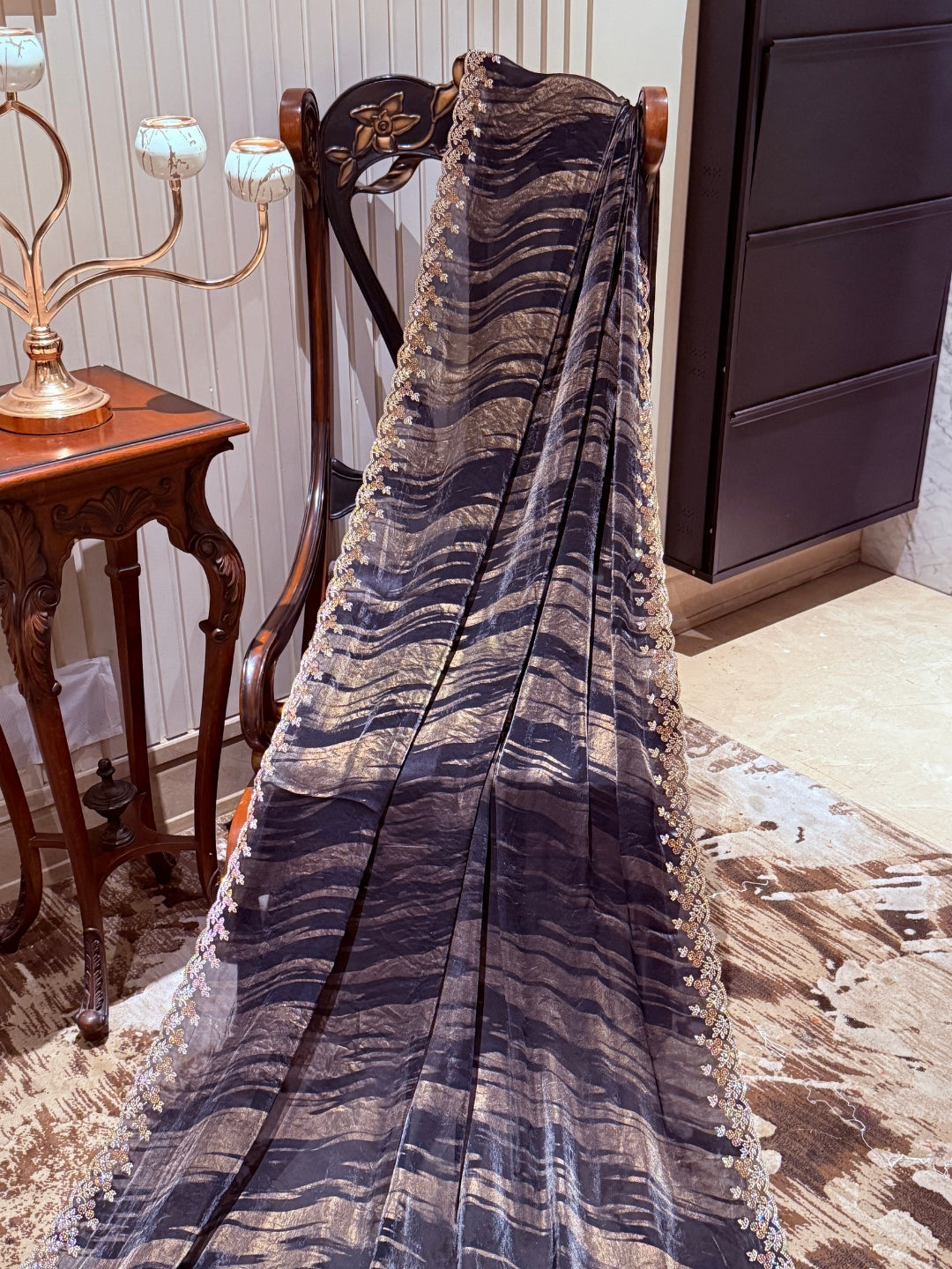 Black Saree with Gold Shimmer Wavy Stripes & Pastel Embroidered Floral Sequin Border