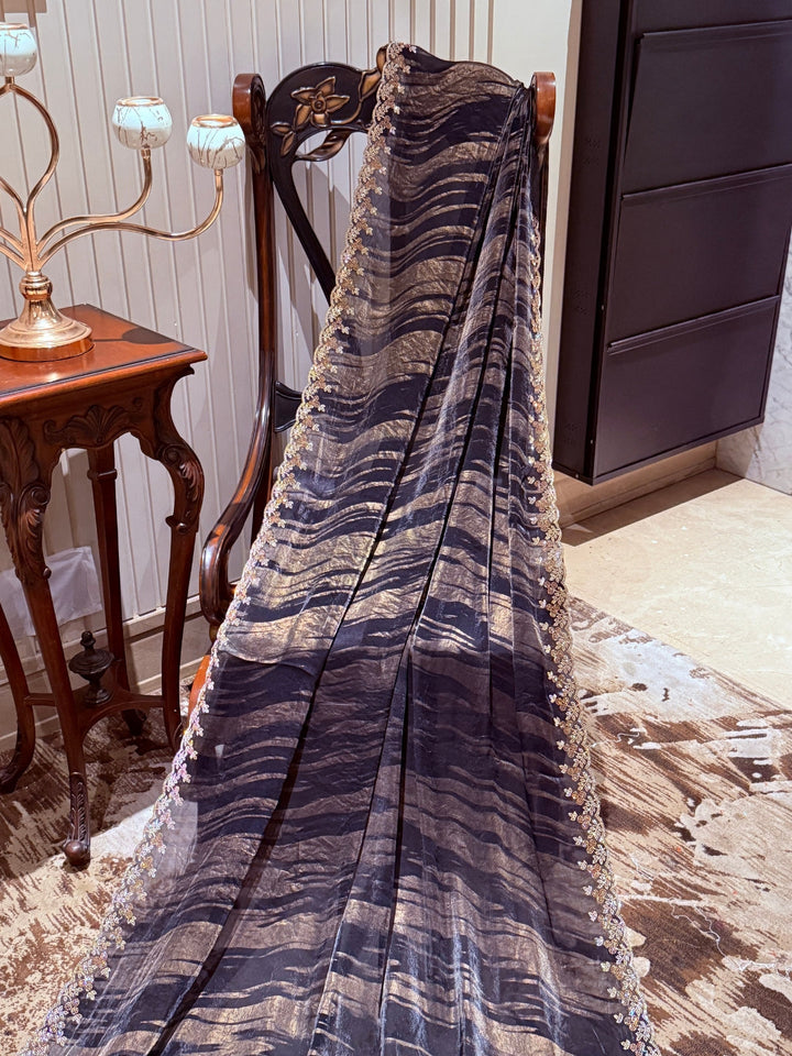 Black Saree with Gold Shimmer Wavy Stripes & Pastel Embroidered Floral Sequin Border