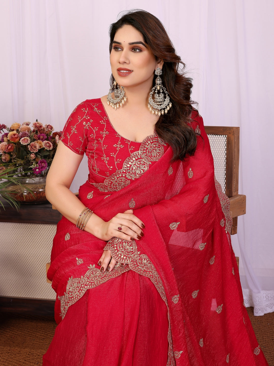 Embellished Saree with Heavy Scalloped Zari Border and Matching Embroidered Blouse