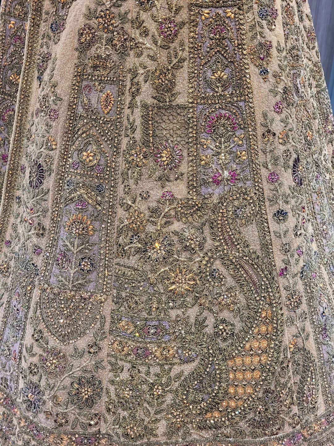 Antique Gold Zardozi Embroidered Long Jacket Gown with Intricate Detailing