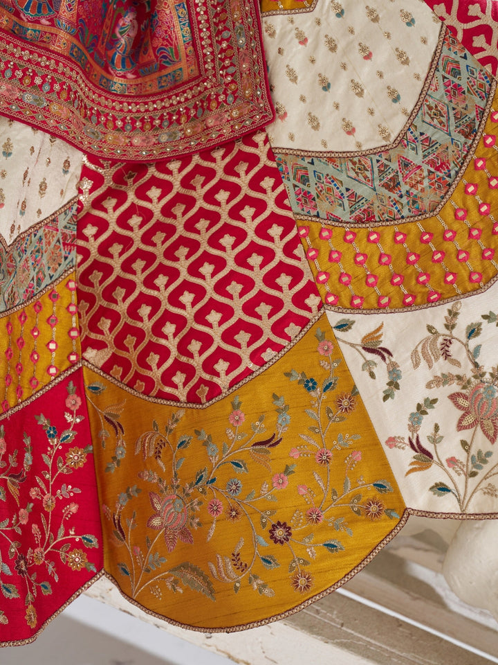 Brocade patchwork lehenga choli with zari, thread embroidery and Banarasi woven dupatta.