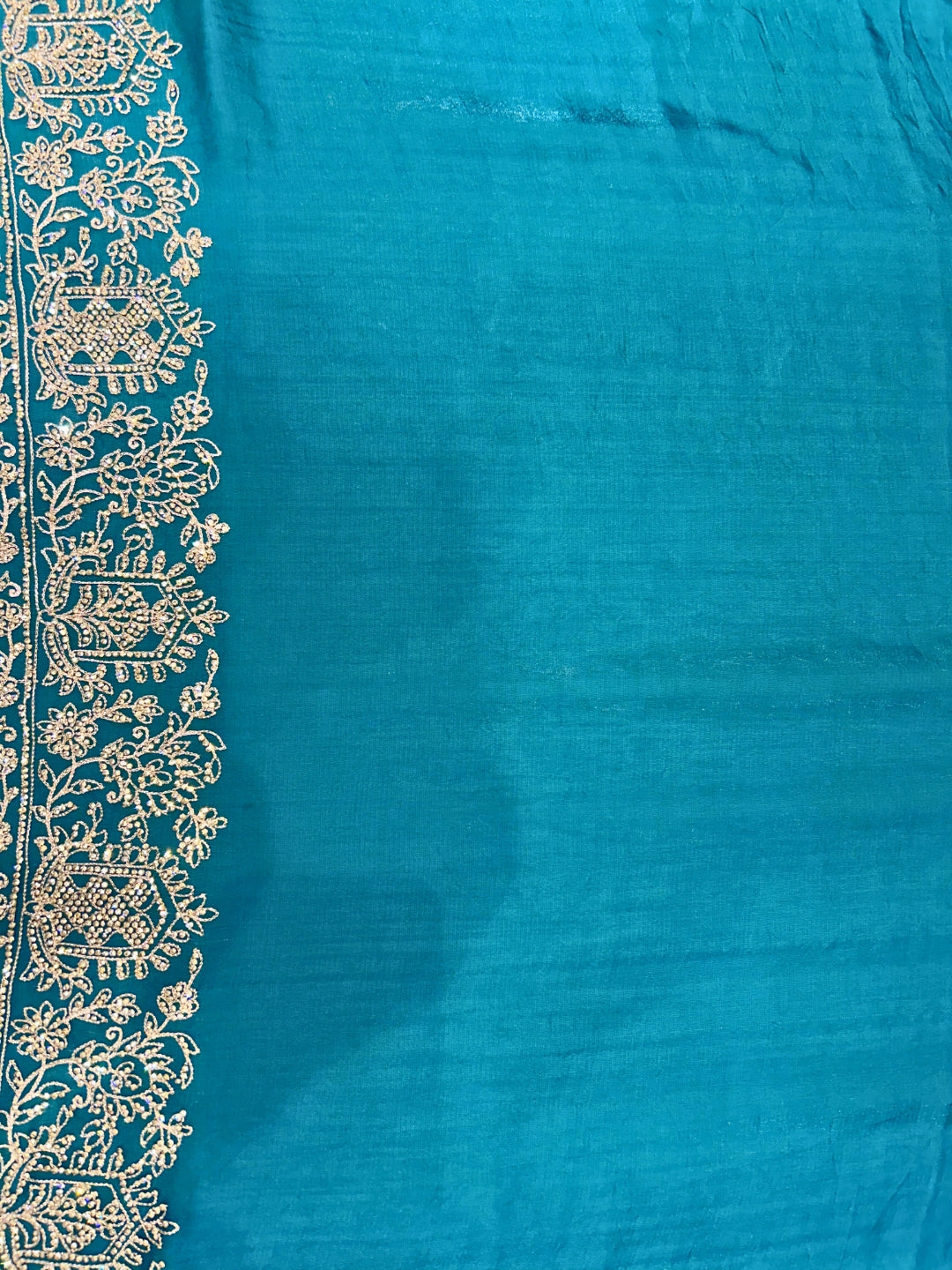 Teal Saree with Antique Gold Zardozi, Sequin, Heavy Embroidered Border & Butis with Blouse Piece