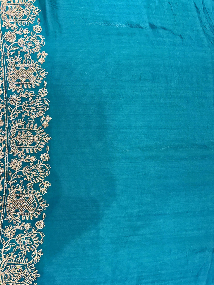 Teal Saree with Antique Gold Zardozi, Sequin, Heavy Embroidered Border & Butis with Blouse Piece