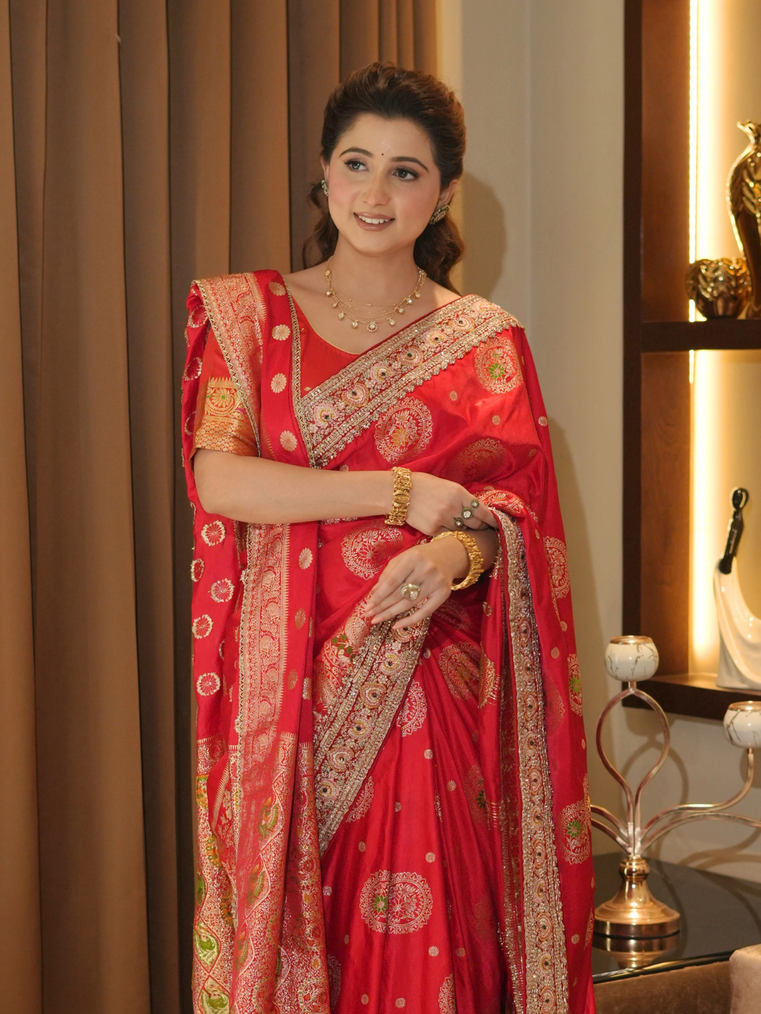 Banarasi Silk Zari Saree with Gold Zari Medallion Motifs, Embroidered Border & Dupatta