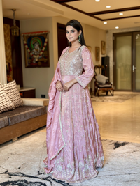 Silk Sequin Embellished & Zari Buti Anarkali Gown with Dupatta in Baby Pink
