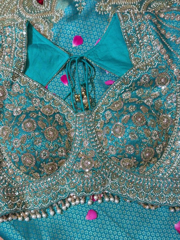 Heavy Saree with Pearl &amp; Stone Embellished Stitched Blouse Sky Blue