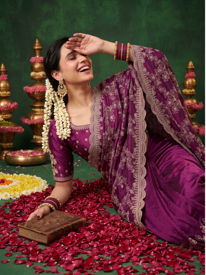 Silk Saree with Zari Floral Jaal Embroidery & Scalloped Cutwork Border