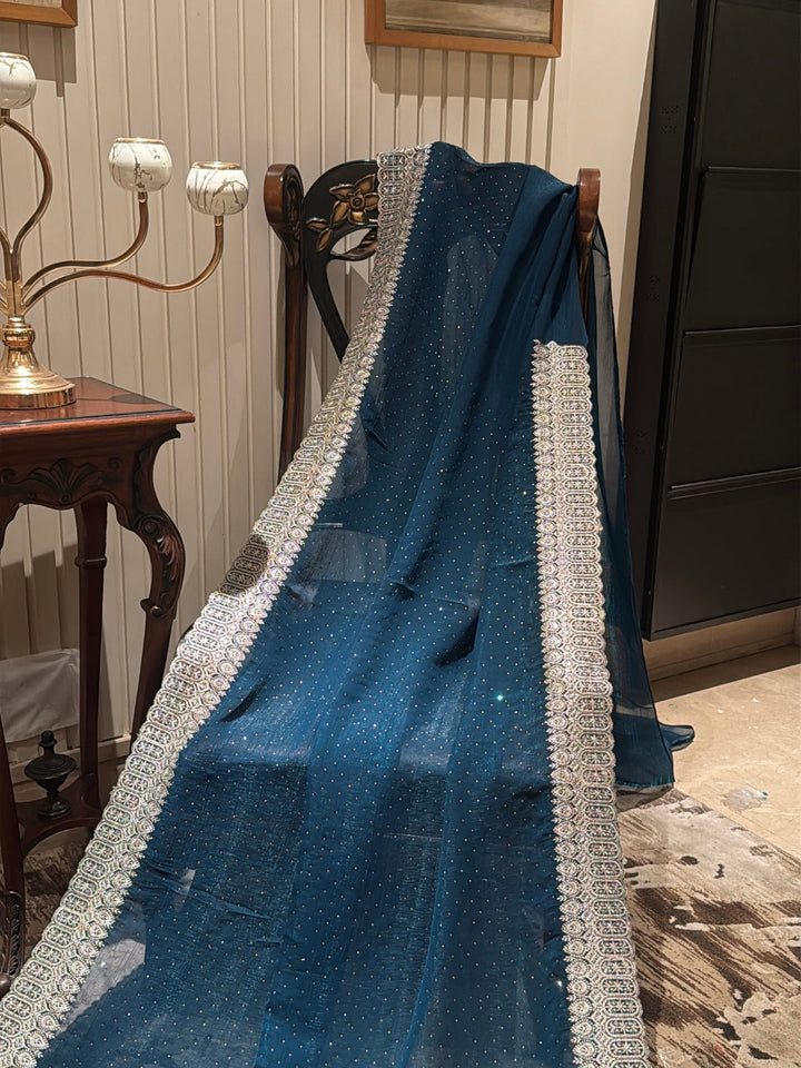 Teal Blue Shimmer Saree with All-Over Silver Sequin Scatter & Intricate Embroidered Border