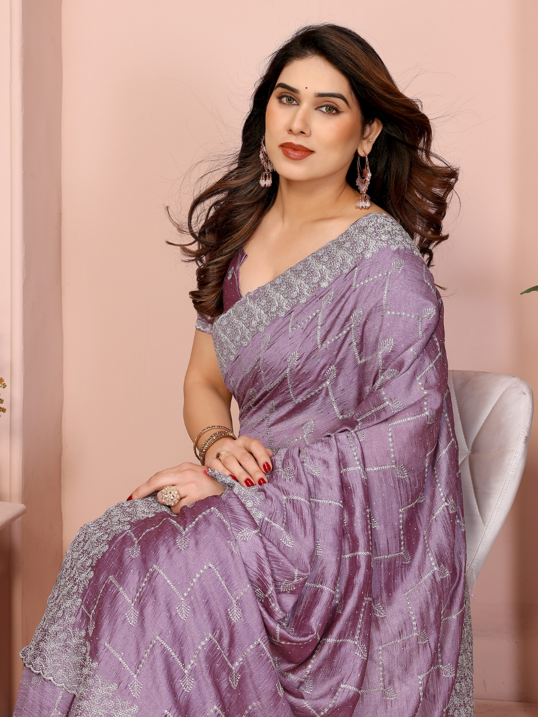 Mauve Sequin Embroidered Chevron Saree with Scalloped Border