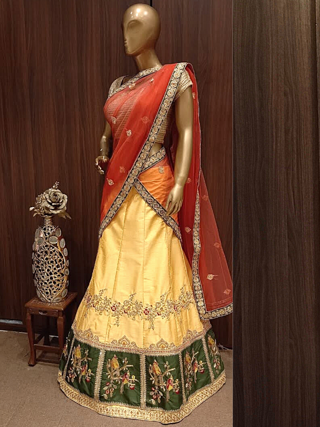 Beige Semi-Stitched Silk Lehenga with Broad Embroidered Border & Embellished Dupatta