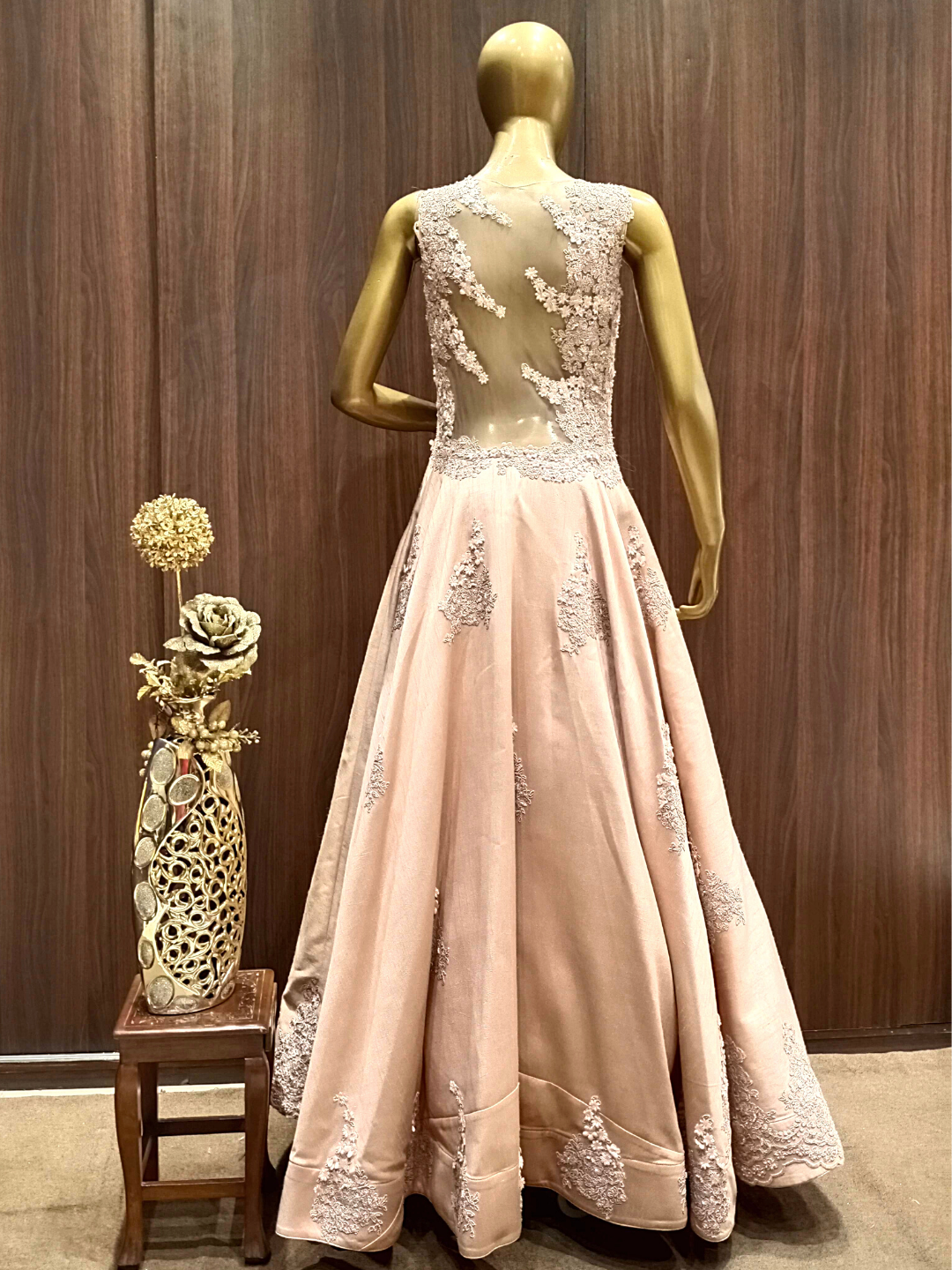 Rose Gold Structured Jacket Gown With Resham Embroidery & Stylised Hemline